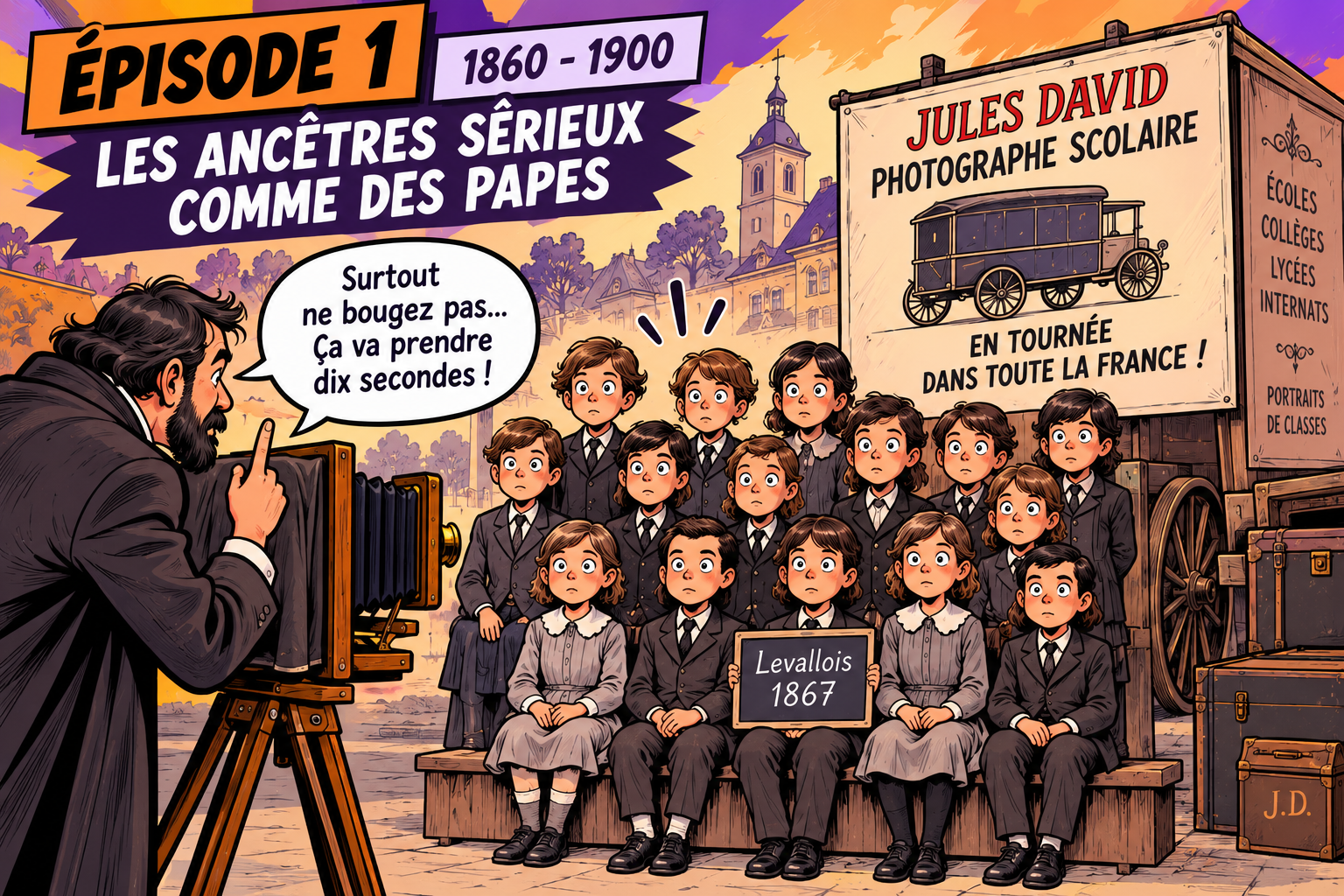 Illustration humoristique des premiers photographes scolaires ambulants en France entre 1860 et 1900