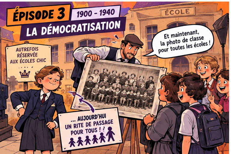 Illustration de la démocratisation de la photo de classe dans les écoles françaises entre 1900 et 1940