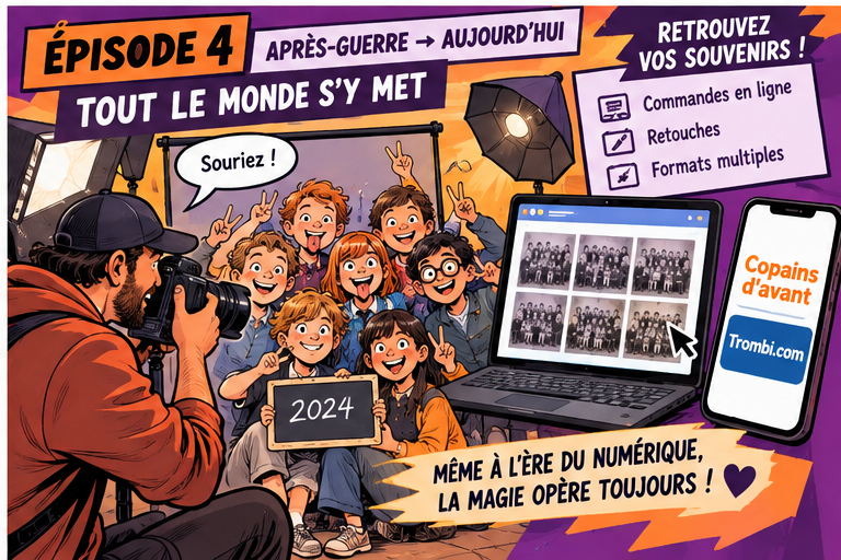 Illustration d'une séance de photo de classe moderne avec commande en ligne des photos scolaires