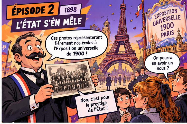 Illustration de l'administration française organisant les premières photos scolaires pour l'Exposition universelle de 1900 à Paris