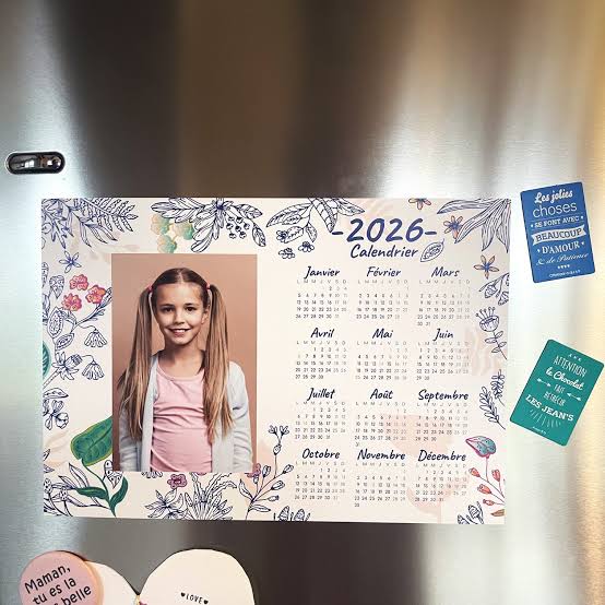 Calendrier 2026 personnalisé avec le portrait d'une élève, décor fleuri